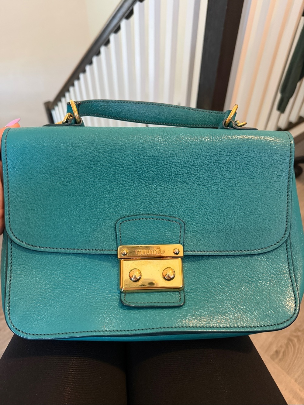 Miu Miu Teal Pebbled Leather Top-Handle Satchel with Gold Hardware